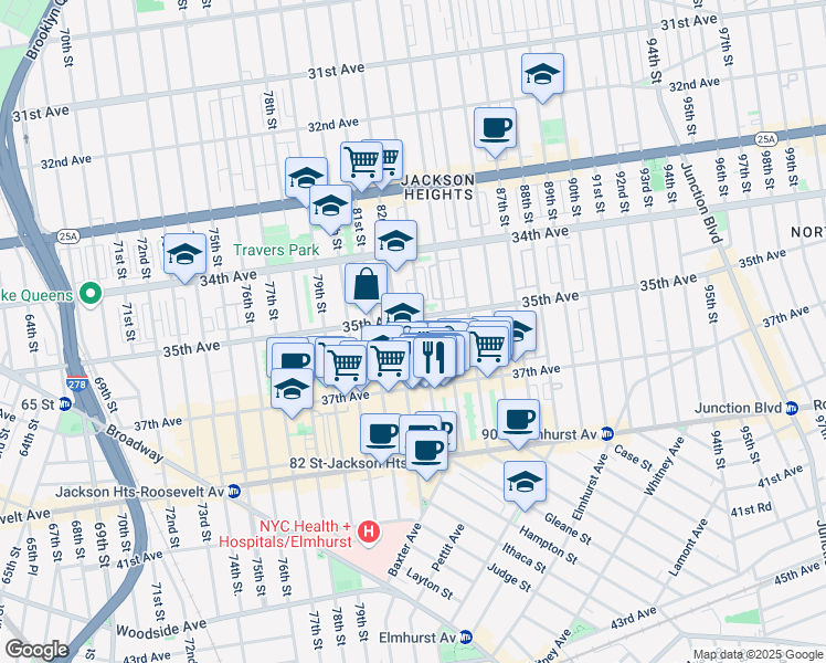 map of restaurants, bars, coffee shops, grocery stores, and more near 82-00 35th Avenue in Queens