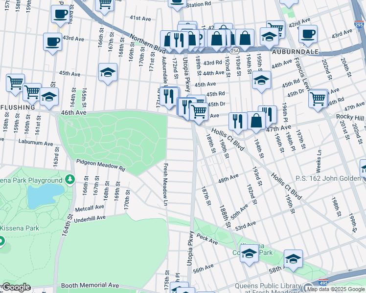 map of restaurants, bars, coffee shops, grocery stores, and more near 46-36 Utopia Parkway in Queens