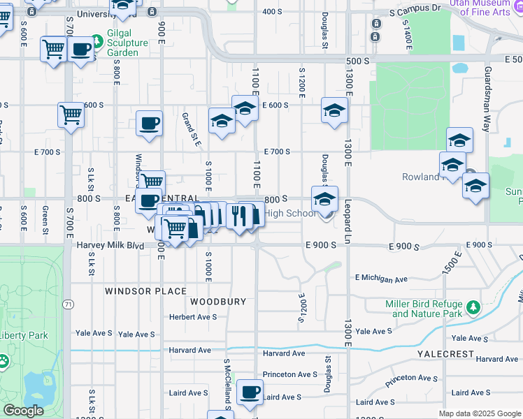 map of restaurants, bars, coffee shops, grocery stores, and more near 815 South 1100 East in Salt Lake City