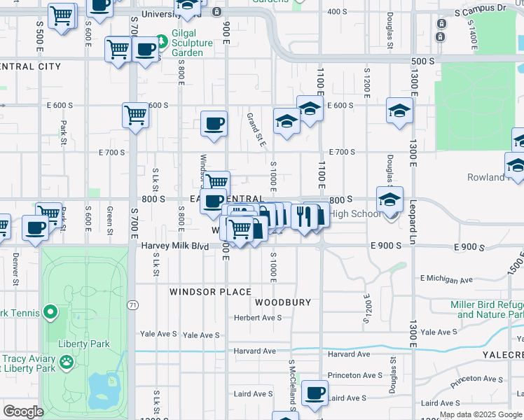 map of restaurants, bars, coffee shops, grocery stores, and more near 800 South 1000 East in Salt Lake City