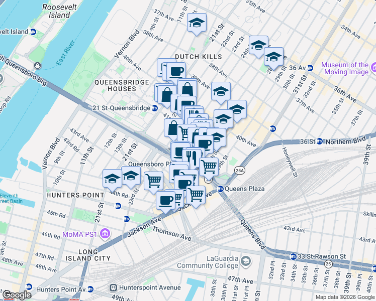 map of restaurants, bars, coffee shops, grocery stores, and more near 41-26 27th Street in Queens