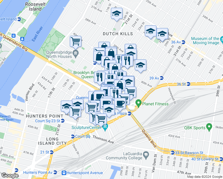 map of restaurants, bars, coffee shops, grocery stores, and more near 41-16 Crescent Street in Queens