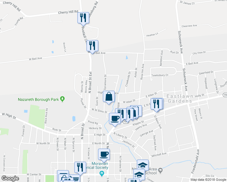 map of restaurants, bars, coffee shops, grocery stores, and more near 225 West Highland Terrace in Nazareth