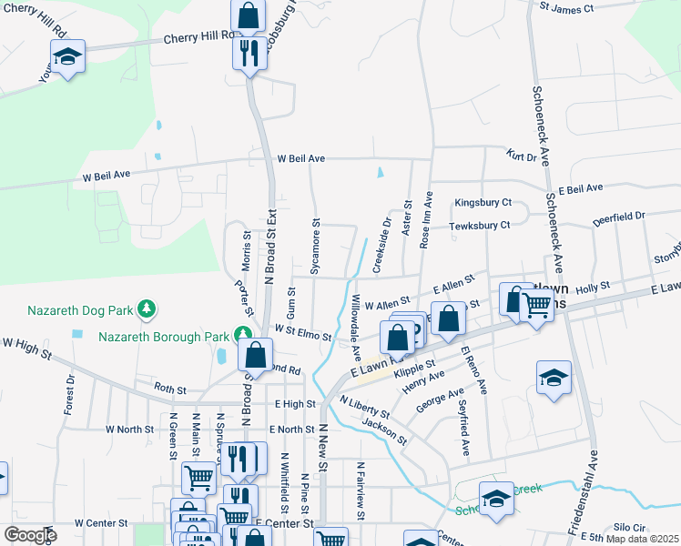 map of restaurants, bars, coffee shops, grocery stores, and more near 225 West Highland Terrace in Nazareth