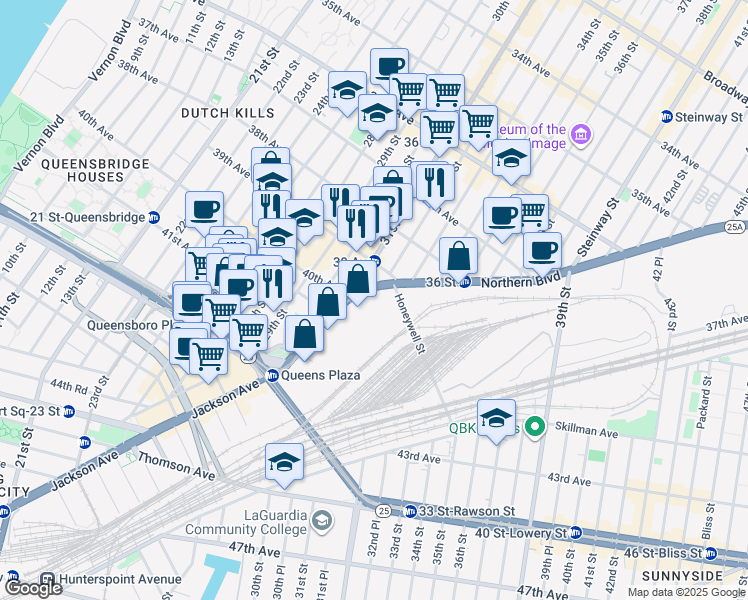map of restaurants, bars, coffee shops, grocery stores, and more near in Queens