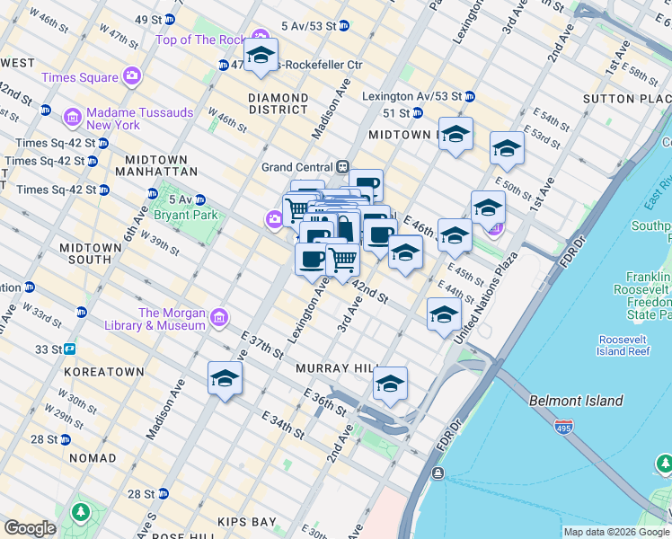 map of restaurants, bars, coffee shops, grocery stores, and more near in New York