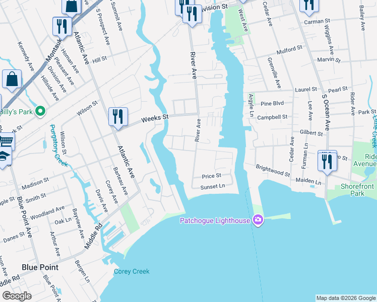 map of restaurants, bars, coffee shops, grocery stores, and more near 64 Fair Harbor Drive in Patchogue