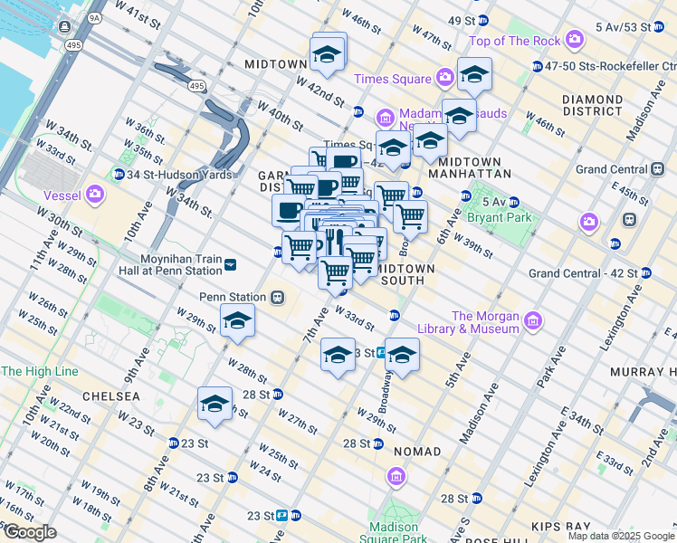 map of restaurants, bars, coffee shops, grocery stores, and more near 205 West 34th Street in New York