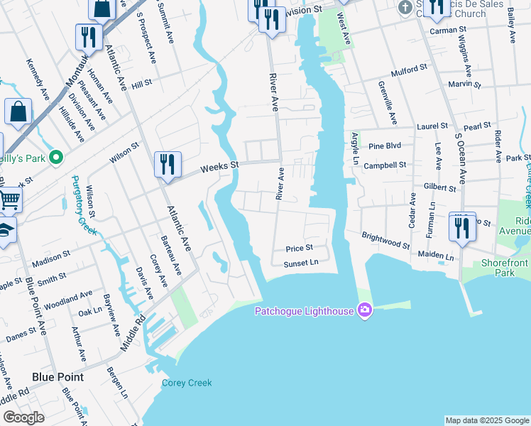 map of restaurants, bars, coffee shops, grocery stores, and more near 52 Fair Harbor Drive in Patchogue