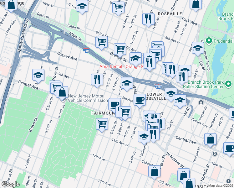 map of restaurants, bars, coffee shops, grocery stores, and more near 73 South 11th Street in Newark