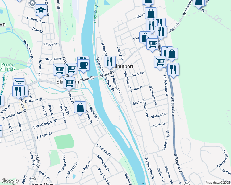 map of restaurants, bars, coffee shops, grocery stores, and more near 313 South Canal Street in Walnutport