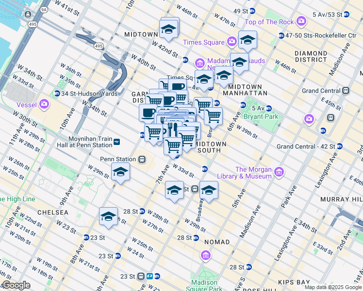 map of restaurants, bars, coffee shops, grocery stores, and more near 205 West 34th Street in New York