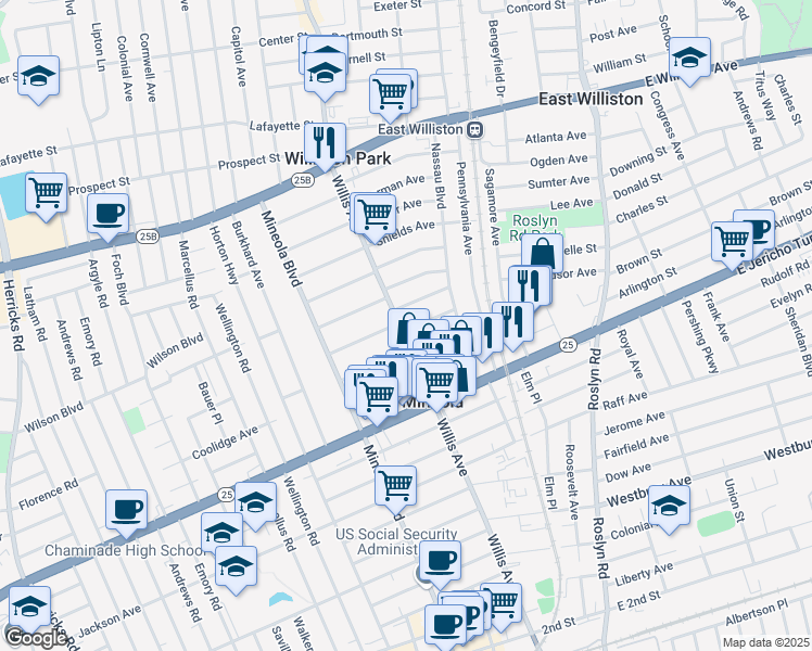 map of restaurants, bars, coffee shops, grocery stores, and more near 350 Willis Avenue in Mineola