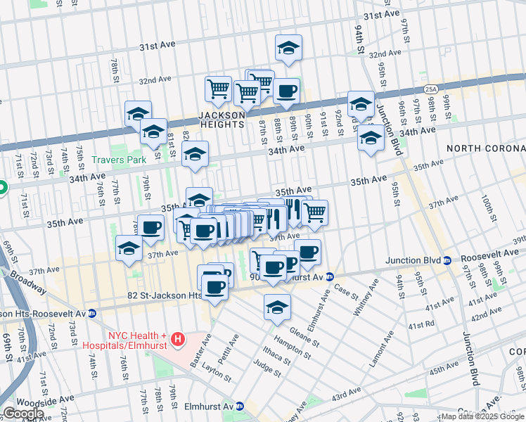 map of restaurants, bars, coffee shops, grocery stores, and more near in Queens