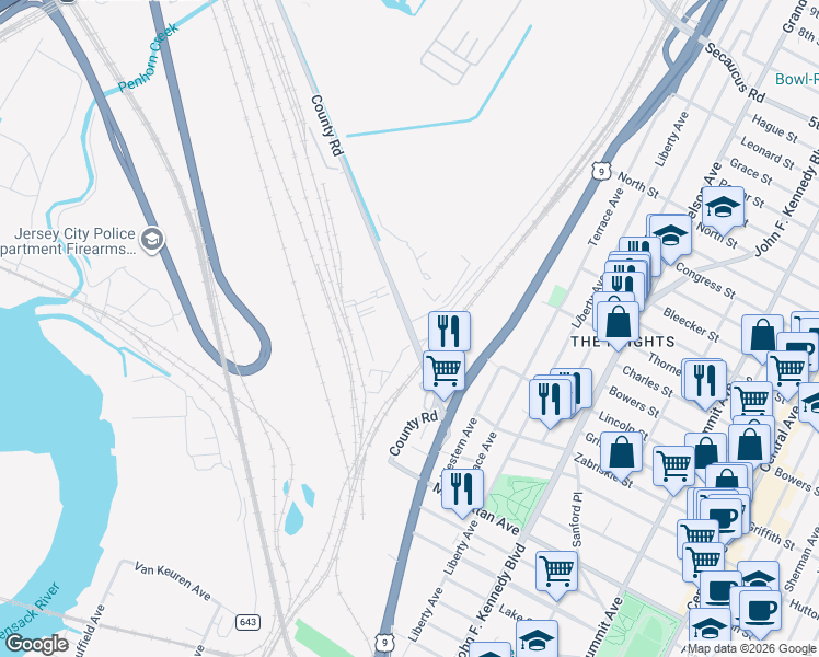 map of restaurants, bars, coffee shops, grocery stores, and more near County Road in Jersey City