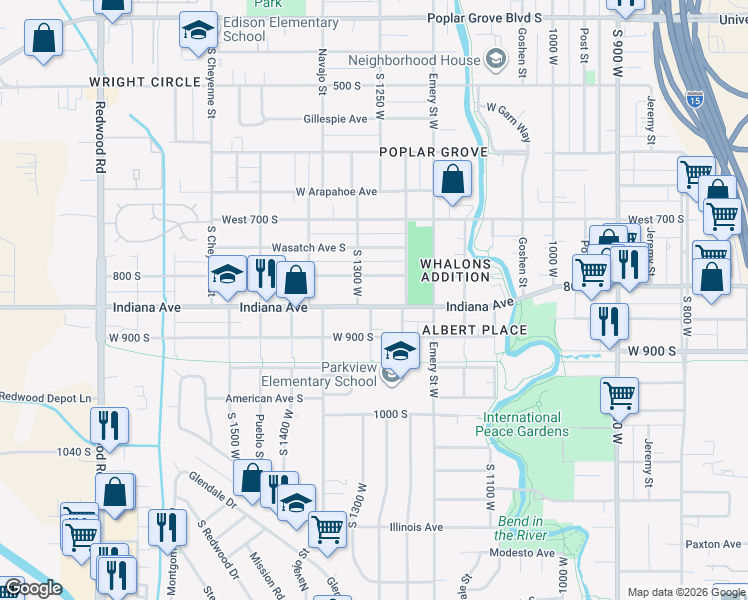 map of restaurants, bars, coffee shops, grocery stores, and more near 1244 West Indiana Avenue in Salt Lake City