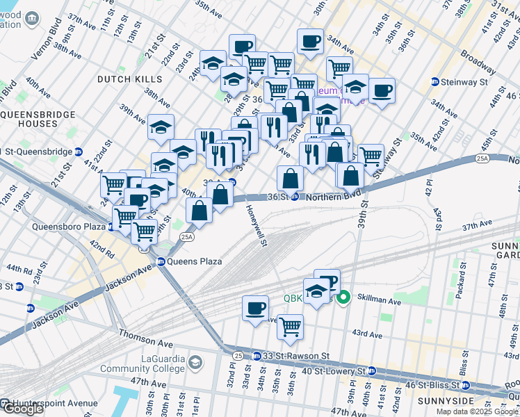 map of restaurants, bars, coffee shops, grocery stores, and more near 33-22 Northern Boulevard in Queens