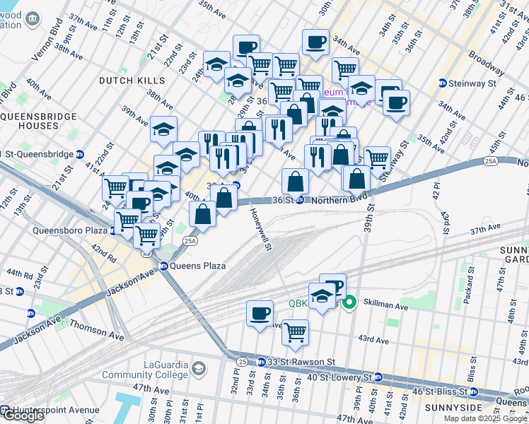 map of restaurants, bars, coffee shops, grocery stores, and more near 33-22 Northern Boulevard in Queens