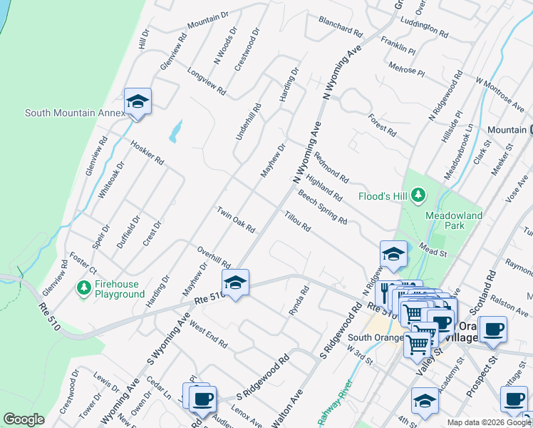map of restaurants, bars, coffee shops, grocery stores, and more near 418 Tillou Road in South Orange