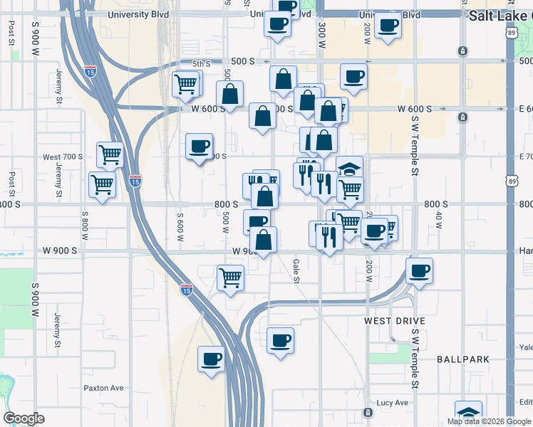 map of restaurants, bars, coffee shops, grocery stores, and more near 824 South 400 West in Salt Lake City