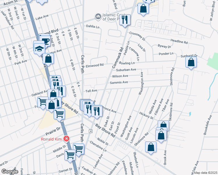 map of restaurants, bars, coffee shops, grocery stores, and more near 12 Sammis Avenue in Deer Park