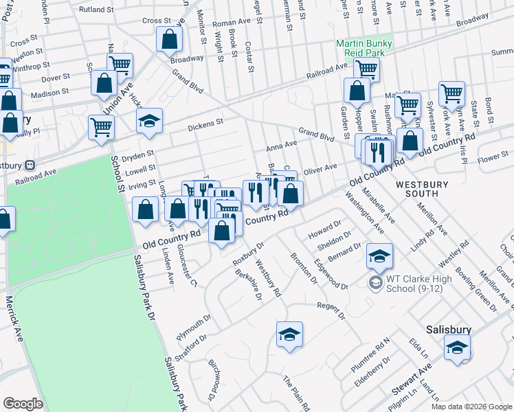 map of restaurants, bars, coffee shops, grocery stores, and more near 13 1st Street in Westbury