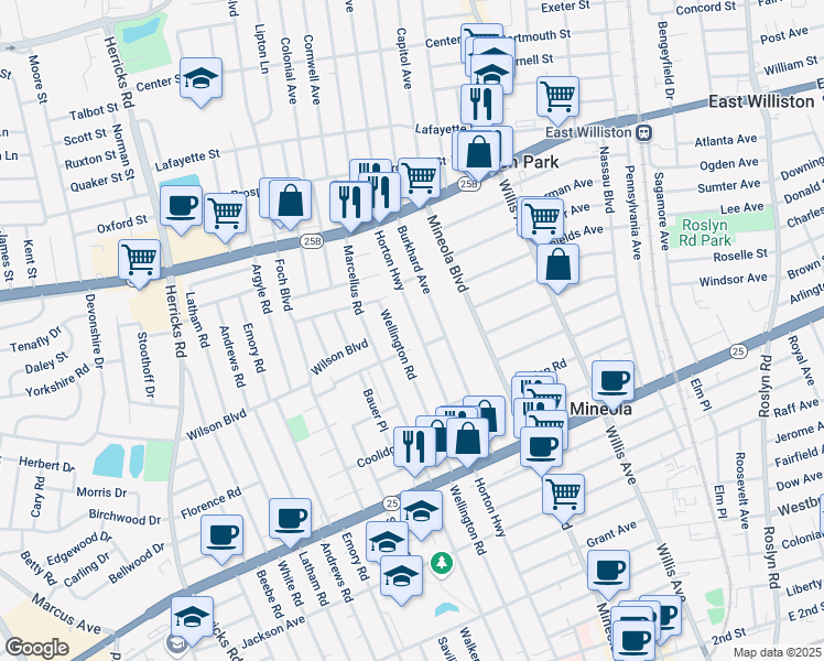 map of restaurants, bars, coffee shops, grocery stores, and more near 408 Horton Highway in Mineola