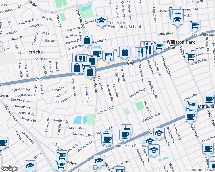 map of restaurants, bars, coffee shops, grocery stores, and more near 485 Andrews Road in Mineola