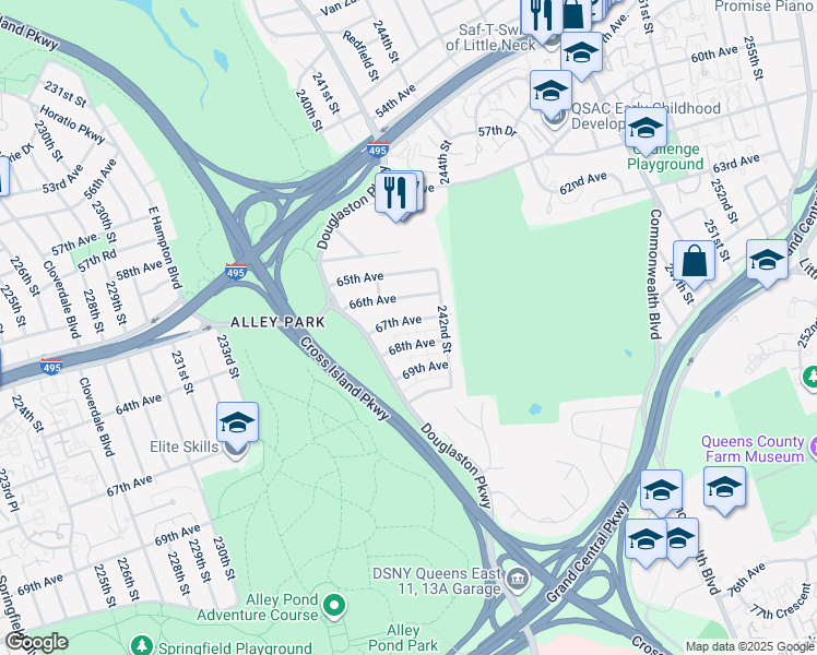 map of restaurants, bars, coffee shops, grocery stores, and more near 240-43 67th Avenue in Queens