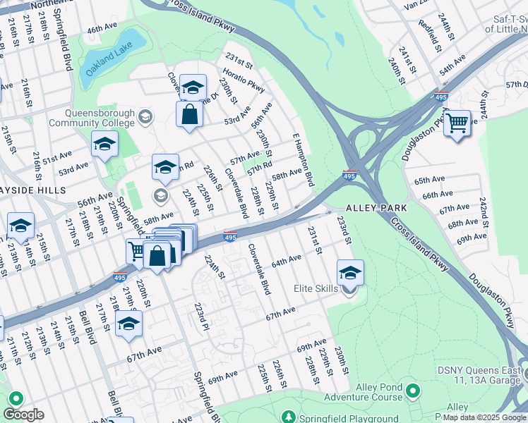 map of restaurants, bars, coffee shops, grocery stores, and more near 57-69 228th Street in Queens