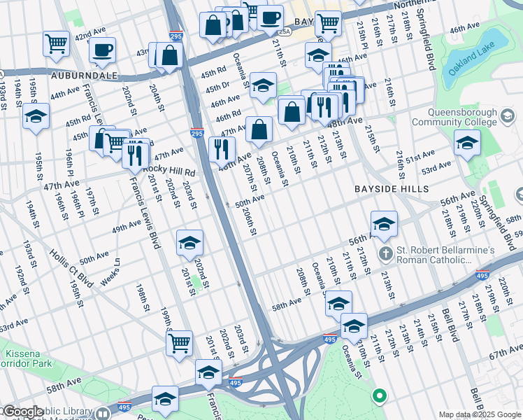 map of restaurants, bars, coffee shops, grocery stores, and more near 206-16 50th Avenue in Queens