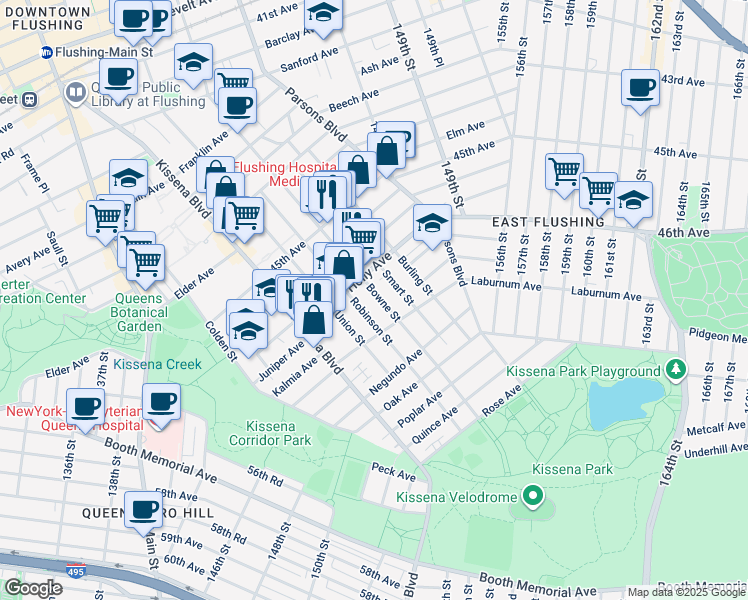 map of restaurants, bars, coffee shops, grocery stores, and more near 46-06 Bowne Street in Queens