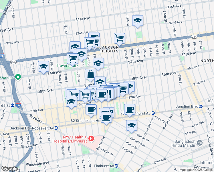 map of restaurants, bars, coffee shops, grocery stores, and more near 8215 35th Avenue in Queens