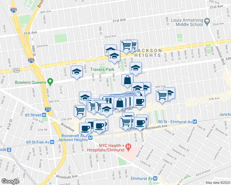 map of restaurants, bars, coffee shops, grocery stores, and more near in Queens
