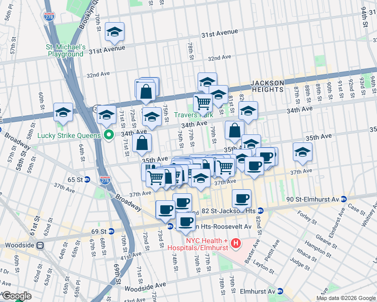 map of restaurants, bars, coffee shops, grocery stores, and more near 34-35 35th Avenue in Queens
