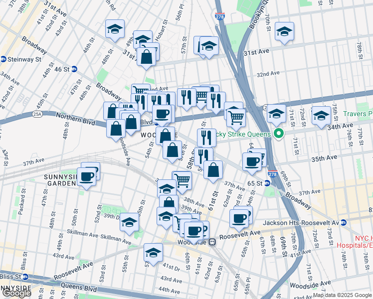 map of restaurants, bars, coffee shops, grocery stores, and more near 3411 56th Street in Queens