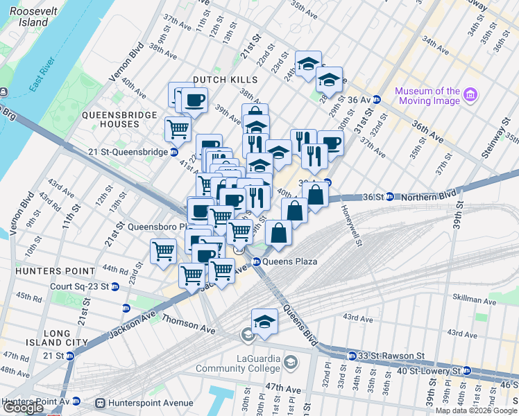 map of restaurants, bars, coffee shops, grocery stores, and more near 40-11 28th Street in Queens