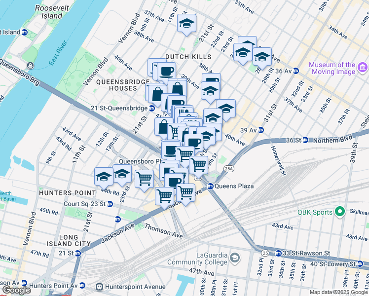 map of restaurants, bars, coffee shops, grocery stores, and more near 41-16 Crescent Street in Queens