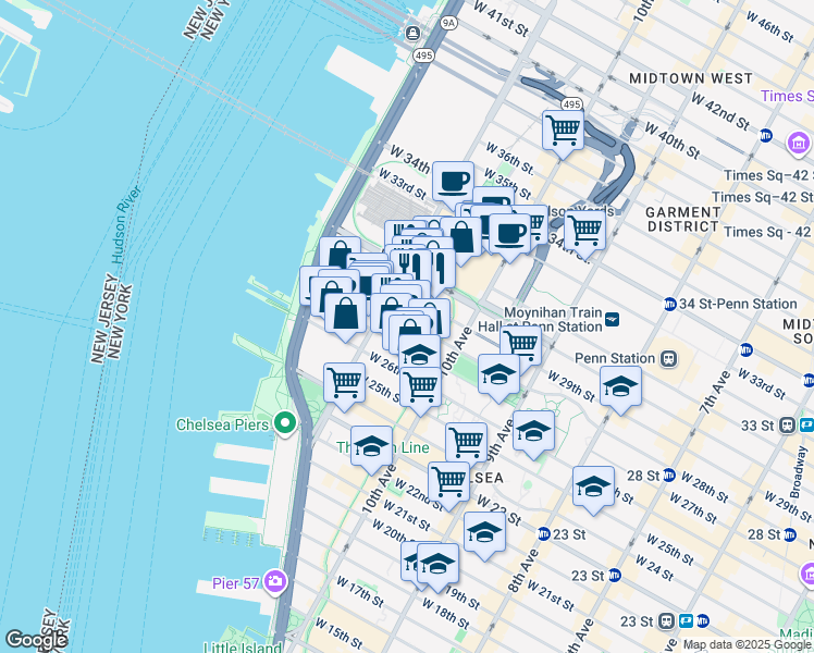 map of restaurants, bars, coffee shops, grocery stores, and more near 547 West 28th Street in New York
