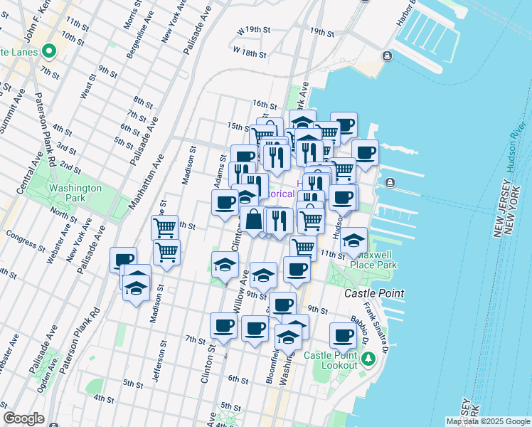 map of restaurants, bars, coffee shops, grocery stores, and more near 1208 Park Avenue in Hoboken