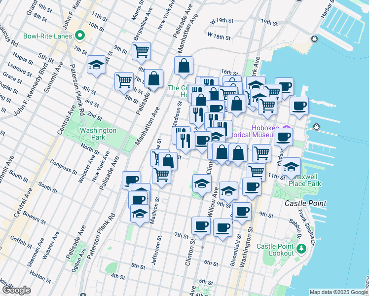 map of restaurants, bars, coffee shops, grocery stores, and more near 1125 Jefferson Street in Hoboken