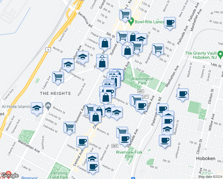 map of restaurants, bars, coffee shops, grocery stores, and more near 14 Graham Street in Jersey City