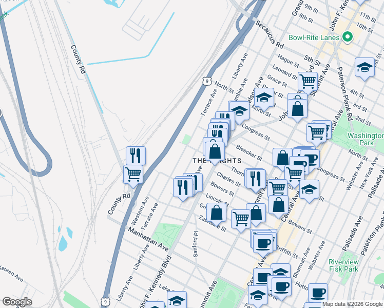 map of restaurants, bars, coffee shops, grocery stores, and more near 168 County Road 649 in Jersey City