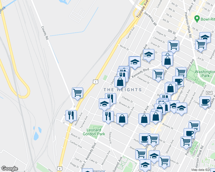 map of restaurants, bars, coffee shops, grocery stores, and more near 168 County Road 649 in Jersey City