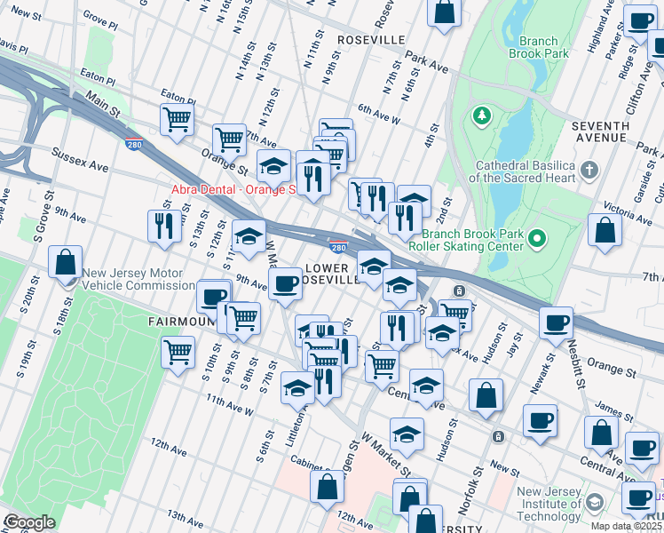 map of restaurants, bars, coffee shops, grocery stores, and more near 75 North 7th Street in Newark