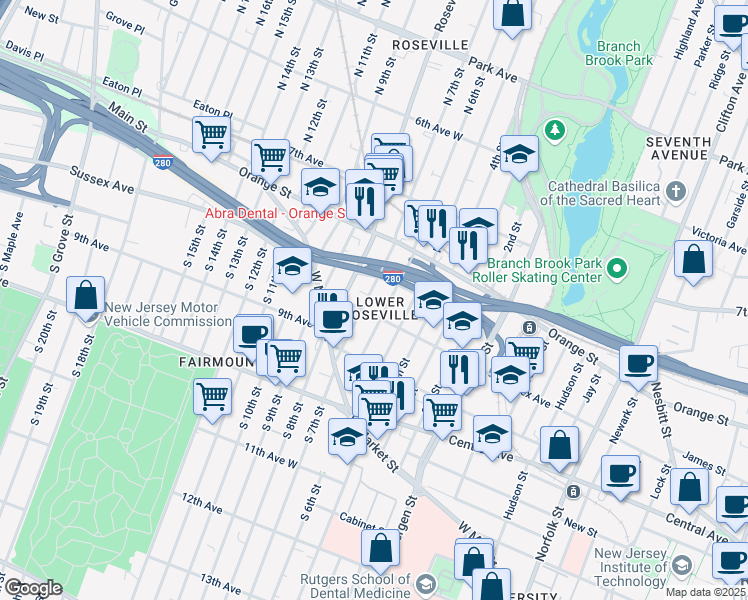 map of restaurants, bars, coffee shops, grocery stores, and more near 75 North 7th Street in Newark