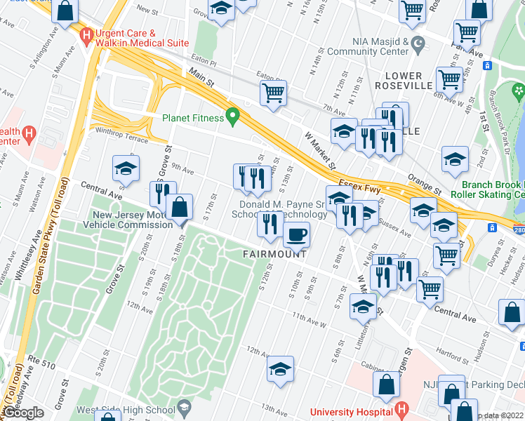 map of restaurants, bars, coffee shops, grocery stores, and more near in Newark