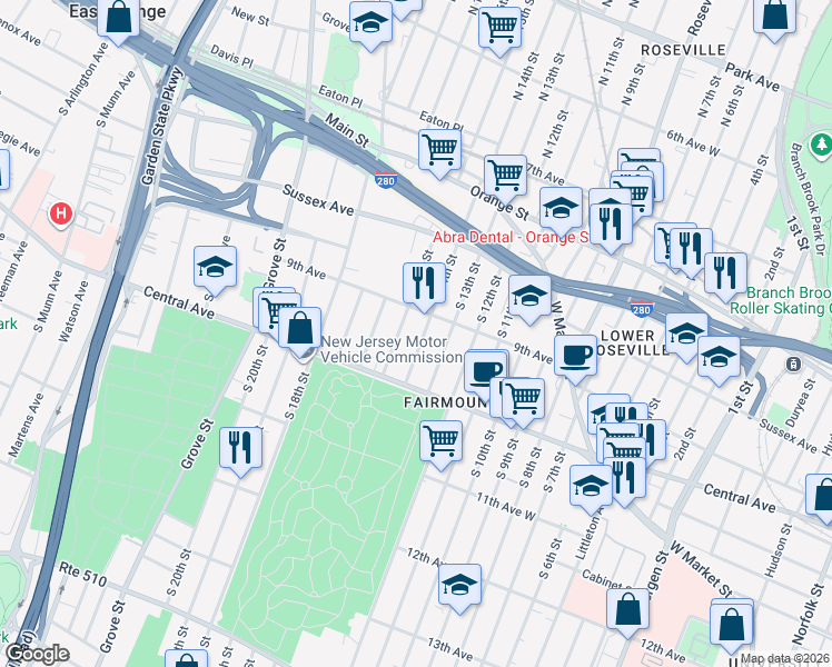 map of restaurants, bars, coffee shops, grocery stores, and more near in Newark
