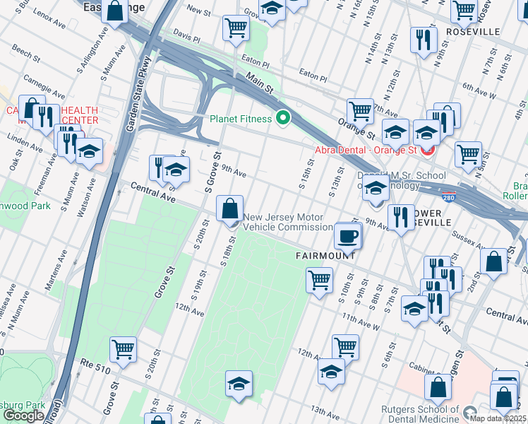 map of restaurants, bars, coffee shops, grocery stores, and more near 24 South 17th Street in East Orange