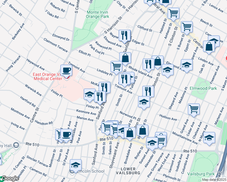 map of restaurants, bars, coffee shops, grocery stores, and more near 256 Tremont Avenue in East Orange